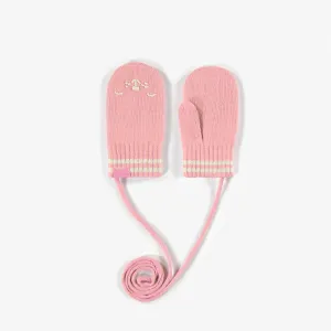 Mitaines de maille rose en polyester recyclé, bébé  || Pink knitted mittens in recycled polyester, baby