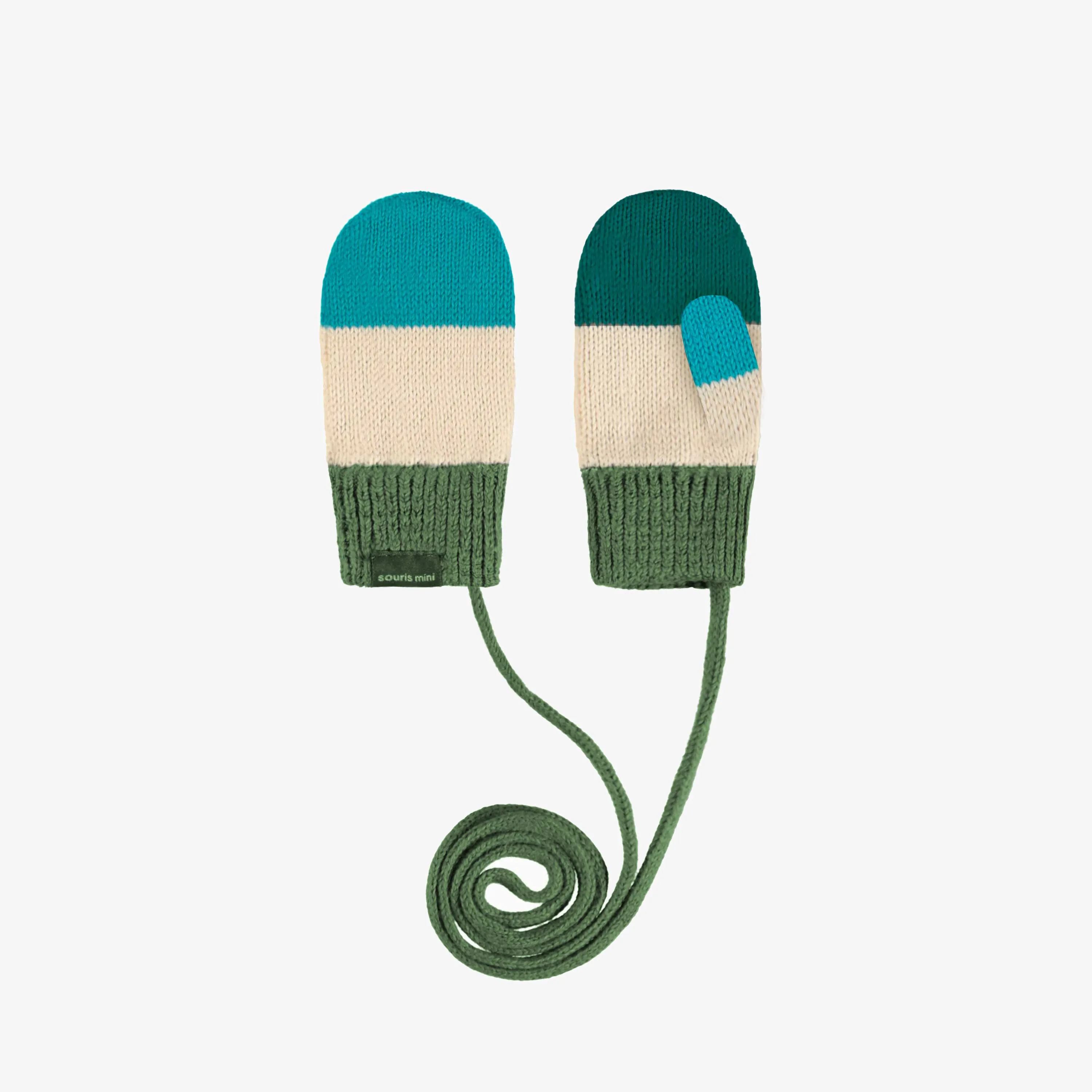 Mitaines en tricot turquoise, vertes et crème, bébé || Turquoise, green and cream knitted mittens, baby