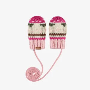 Mitaines roses et crème à motif avec cordon en maille, bébé || Pink and cream knitted mittens with a print and drawstring, baby