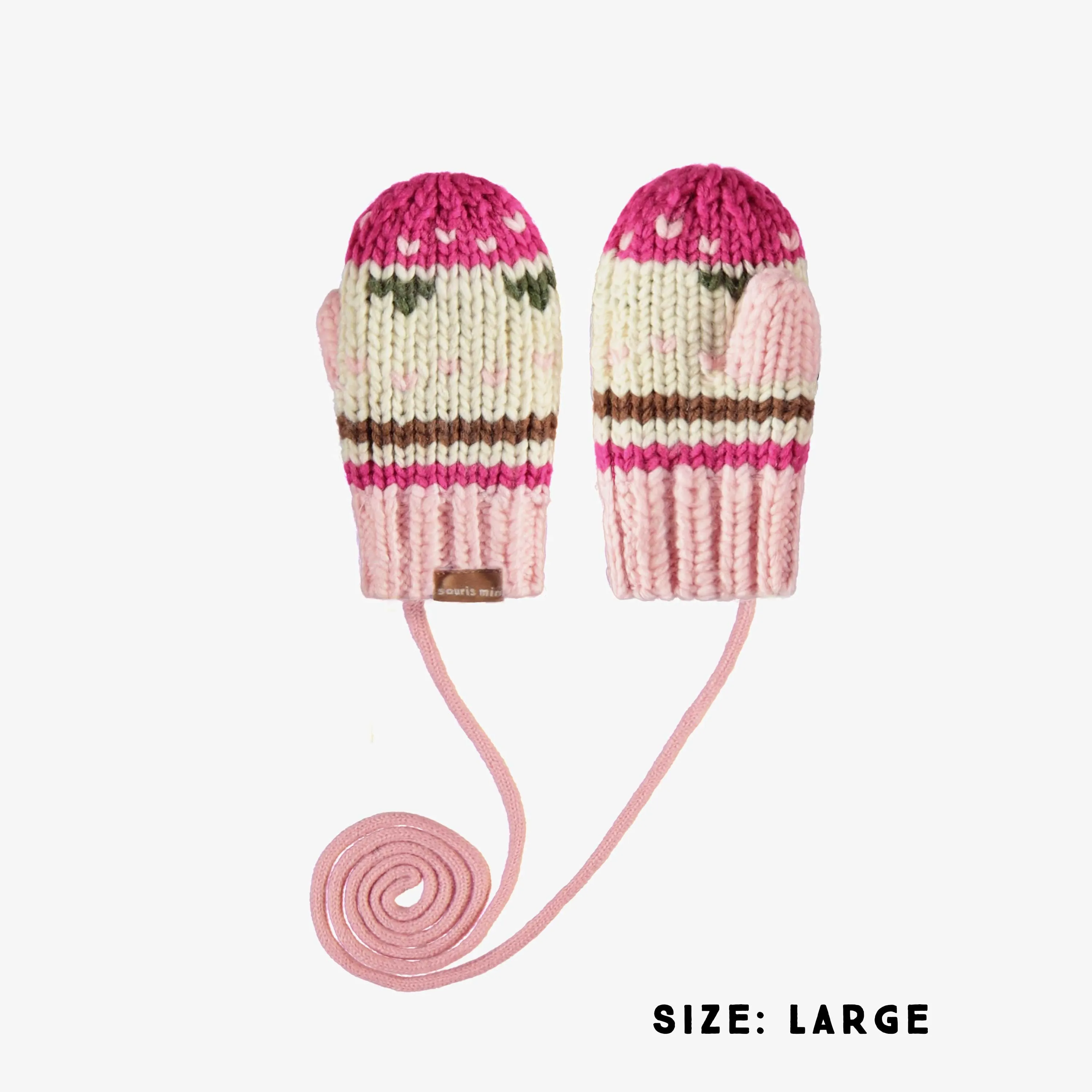 Mitaines roses et crème à motif avec cordon en maille, bébé || Pink and cream knitted mittens with a print and drawstring, baby