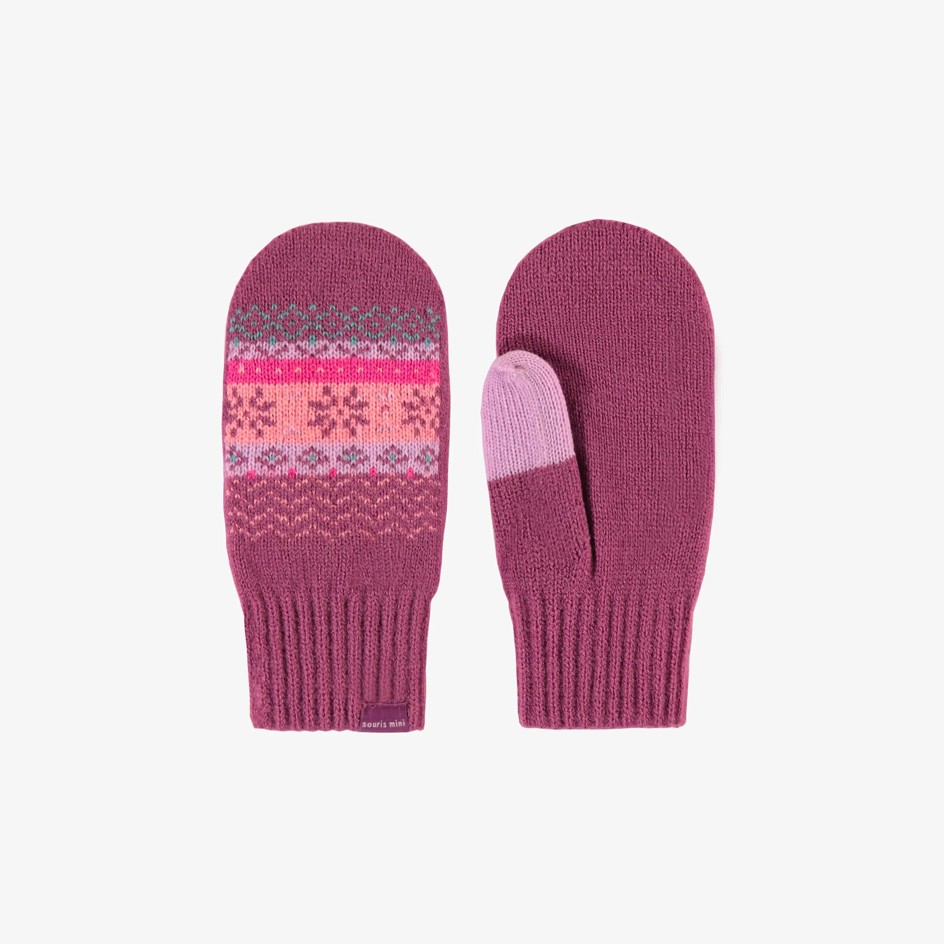 Mitaines roses, pêche et turquoise à motifs en tricot, enfant || Pink, peach and turquoise knitted mittens with print, child