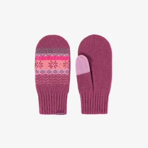 Mitaines roses, pêche et turquoise à motifs en tricot, enfant || Pink, peach and turquoise knitted mittens with print, child