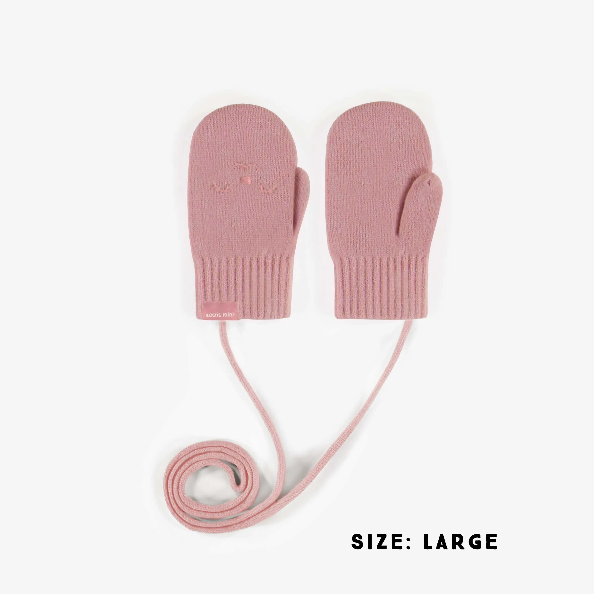 Mitaines roses pâle avec cordon en maille, bébé || Light pink knitted mittens with a drawstring, baby