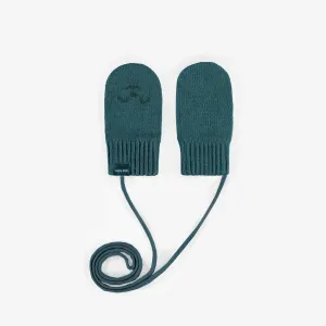 Mitaines turquoises avec cordon en maille, bébé || Turquoise mittens with a cord in knit, baby