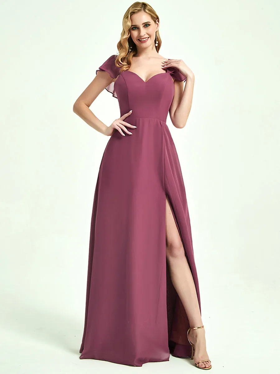 Mulberry Ruffle Sleeve V-Neck Floor Length Bridesmaid Dress With Slit
