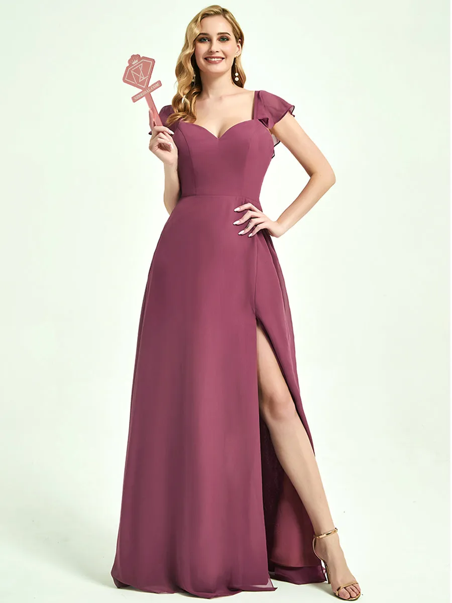 Mulberry Ruffle Sleeve V-Neck Floor Length Bridesmaid Dress With Slit