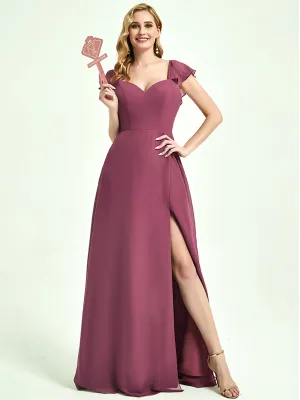 Mulberry Ruffle Sleeve V-Neck Floor Length Bridesmaid Dress With Slit