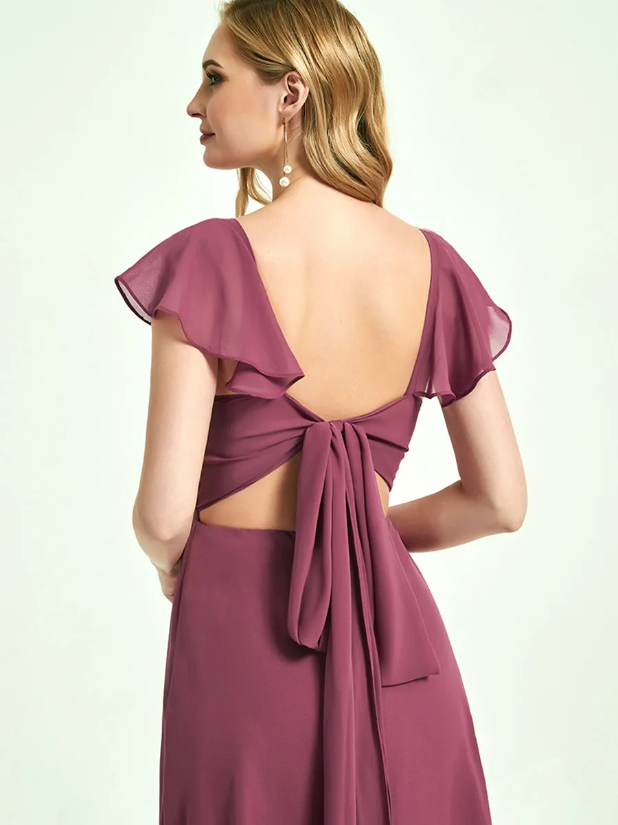 Mulberry Ruffle Sleeve V-Neck Floor Length Bridesmaid Dress With Slit
