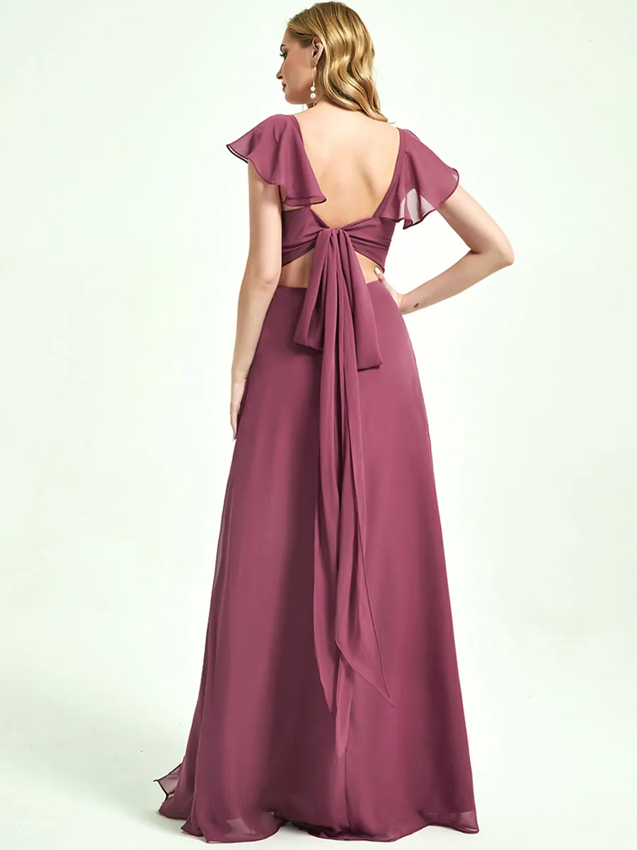 Mulberry Ruffle Sleeve V-Neck Floor Length Bridesmaid Dress With Slit