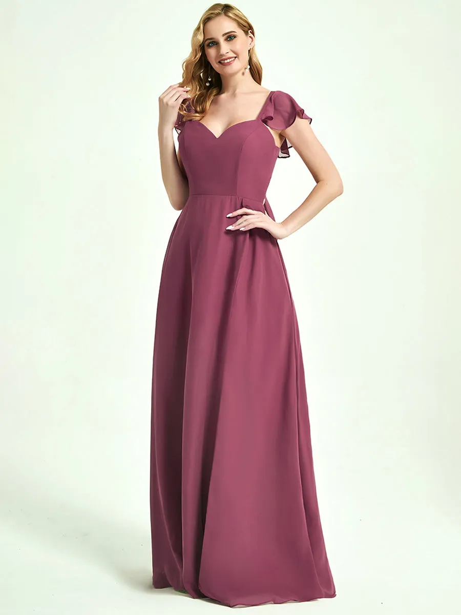 Mulberry Ruffle Sleeve V-Neck Floor Length Bridesmaid Dress With Slit