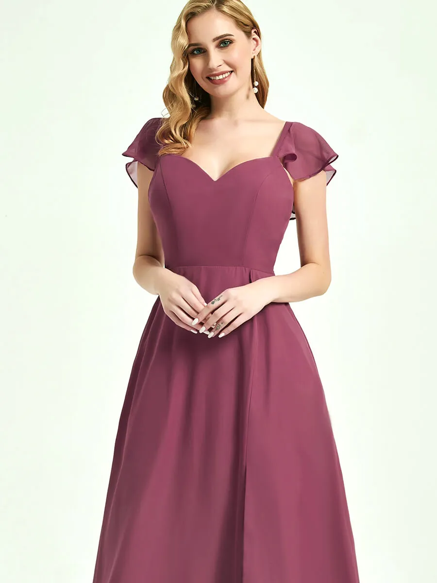 Mulberry Ruffle Sleeve V-Neck Floor Length Bridesmaid Dress With Slit