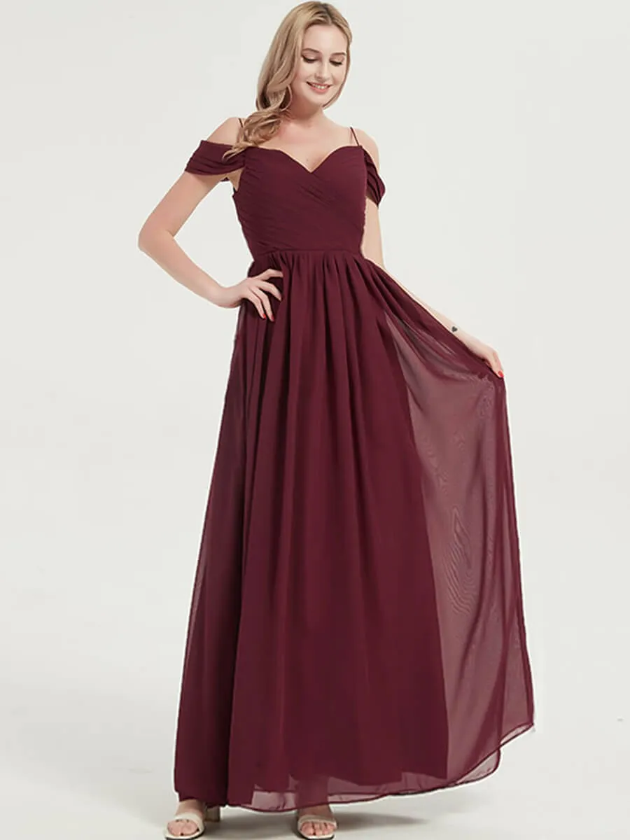 Mulberry Spaghetti Straps Pleated Chiffon Floor Length Bridesmaid Dress