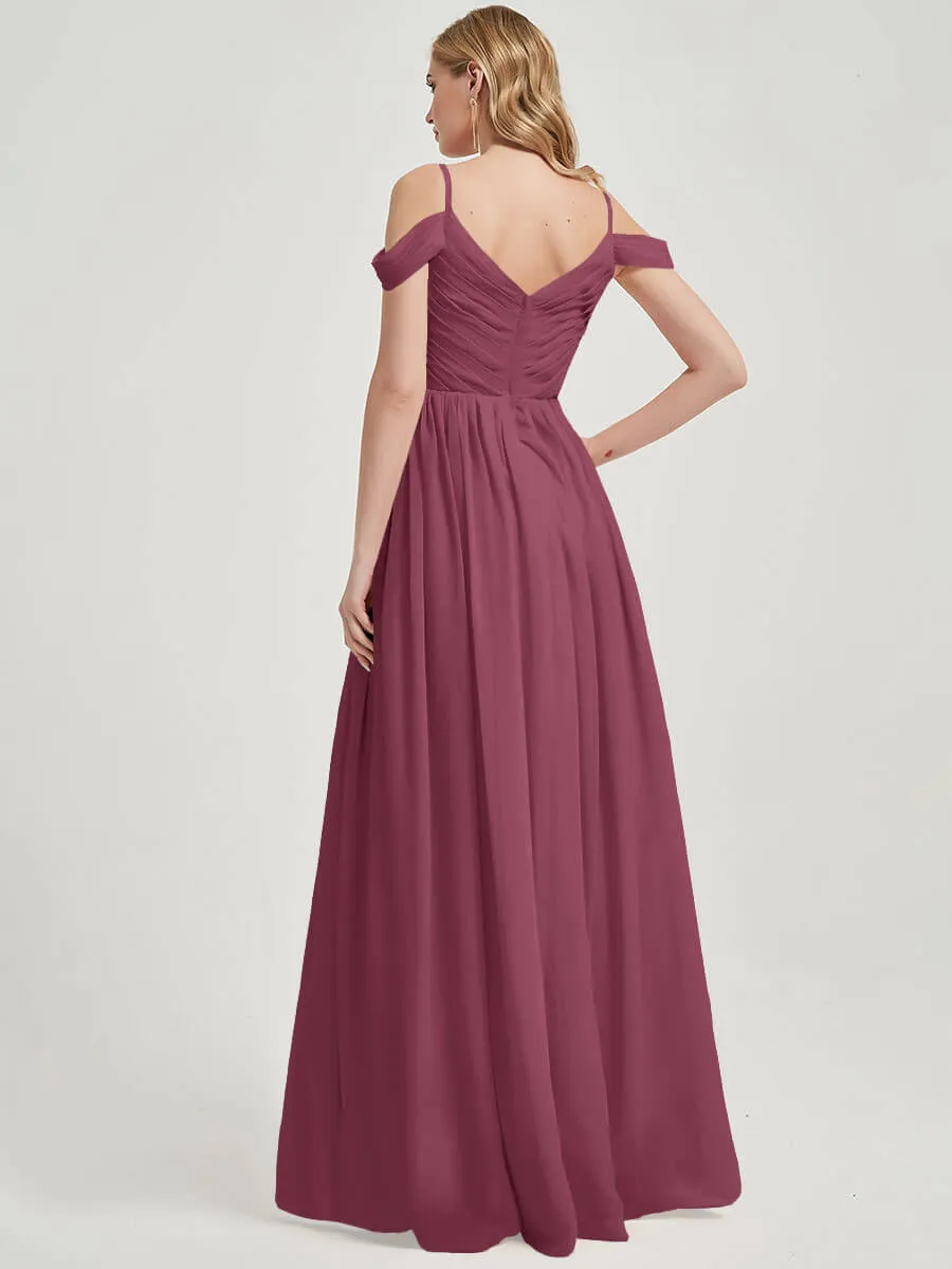 Mulberry Spaghetti Straps Pleated Chiffon Floor Length Bridesmaid Dress
