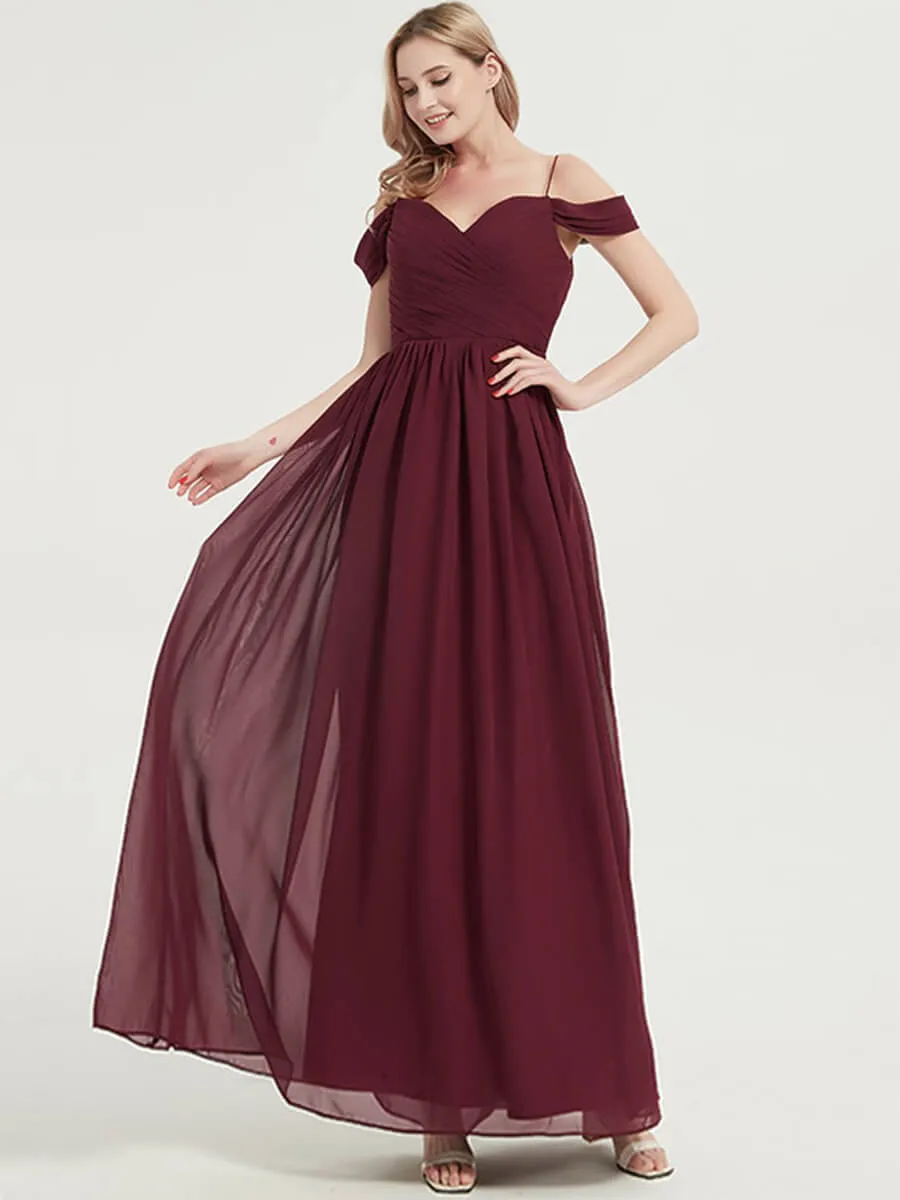 Mulberry Spaghetti Straps Pleated Chiffon Floor Length Bridesmaid Dress