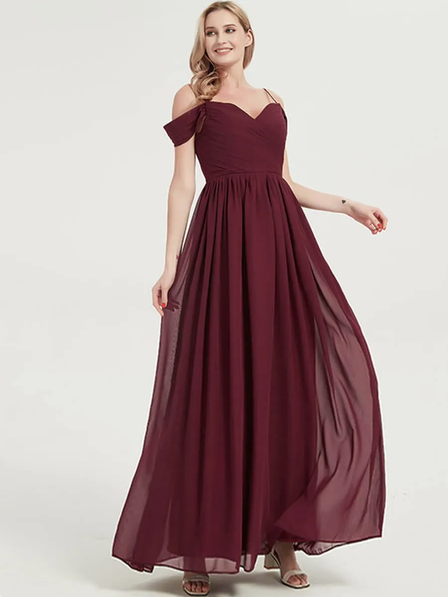 Mulberry Spaghetti Straps Pleated Chiffon Floor Length Bridesmaid Dress