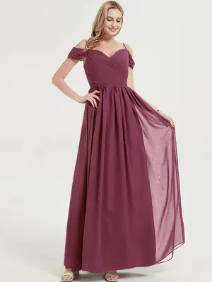 Mulberry Spaghetti Straps Pleated Chiffon Floor Length Bridesmaid Dress