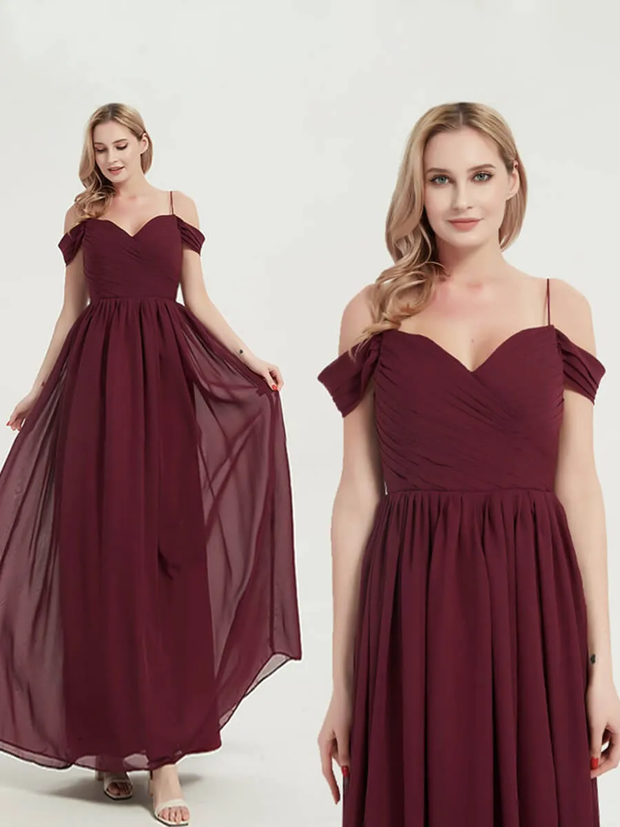 Mulberry Spaghetti Straps Pleated Chiffon Floor Length Bridesmaid Dress
