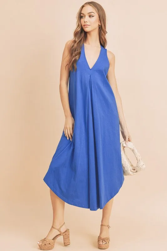 New Summer Front Pleat Detail V-Neck Sleeveless Midi Dress – Elegant, Feminine & Versatile Dress with Pleat Detailing, V-Neckline & Sleeveless Design for Both Casual & Formal Occasions