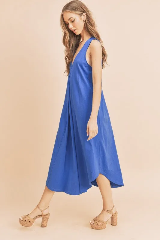 New Summer Front Pleat Detail V-Neck Sleeveless Midi Dress – Elegant, Feminine & Versatile Dress with Pleat Detailing, V-Neckline & Sleeveless Design for Both Casual & Formal Occasions