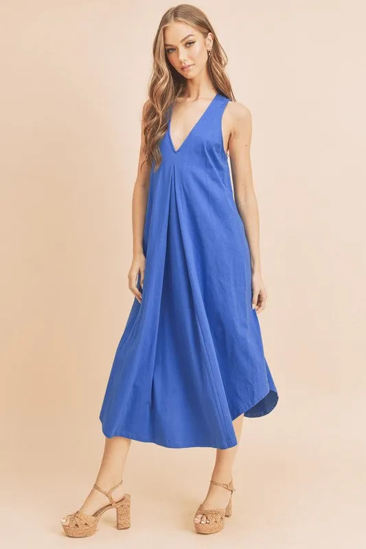New Summer Front Pleat Detail V-Neck Sleeveless Midi Dress – Elegant, Feminine & Versatile Dress with Pleat Detailing, V-Neckline & Sleeveless Design for Both Casual & Formal Occasions