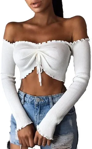 New VINCINEY Women's Sexy Off Shoulder Shirts Top Long Sleeve Crop Top, Ivory, Sz S!