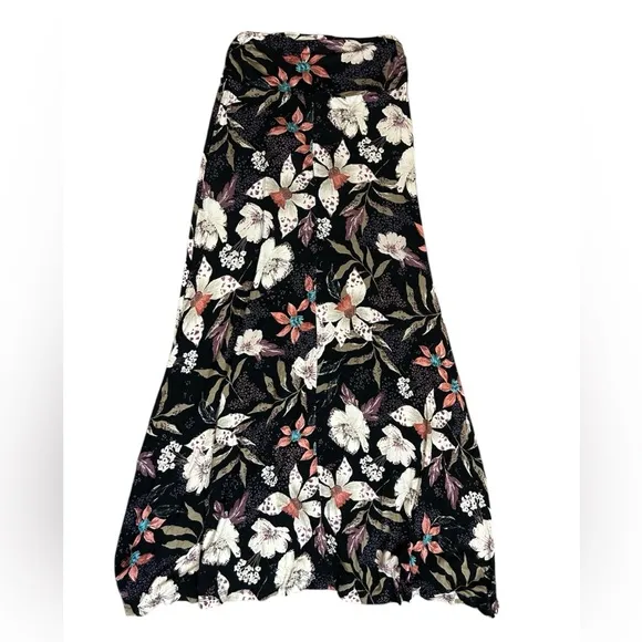 Nordstrom Bobeau Black and Cream Floral Maxi Skirt A-line Asymmetrical Hem