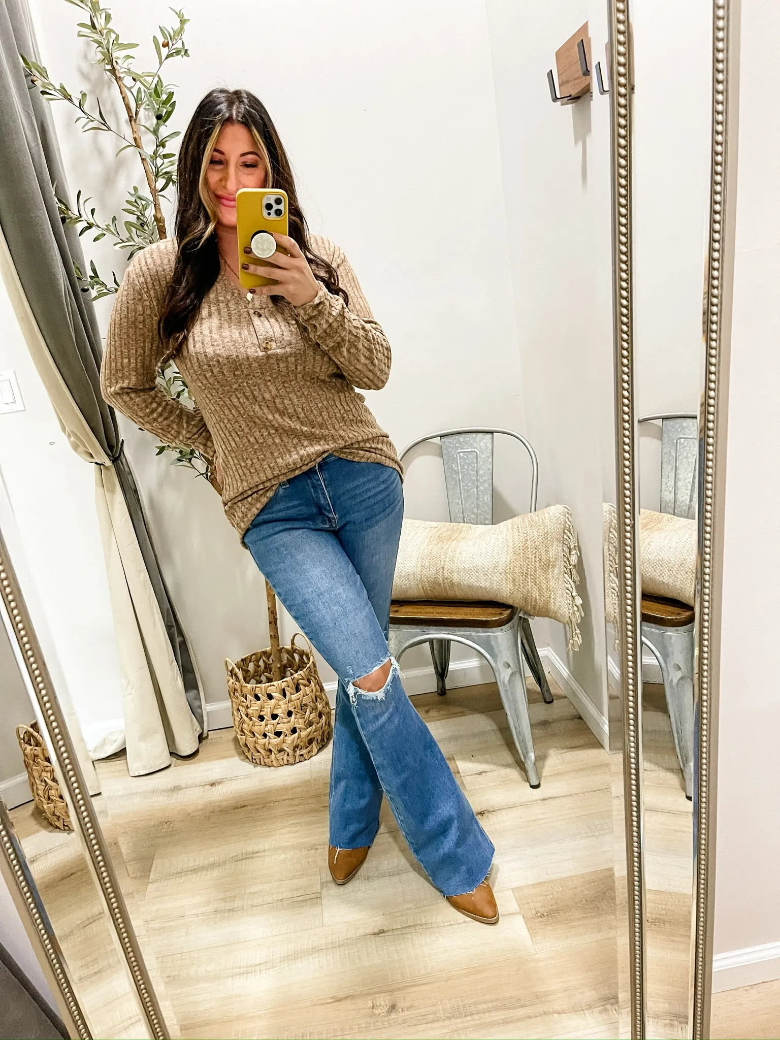 Notched Neck Ribbed Long Sleeve T-Shirt