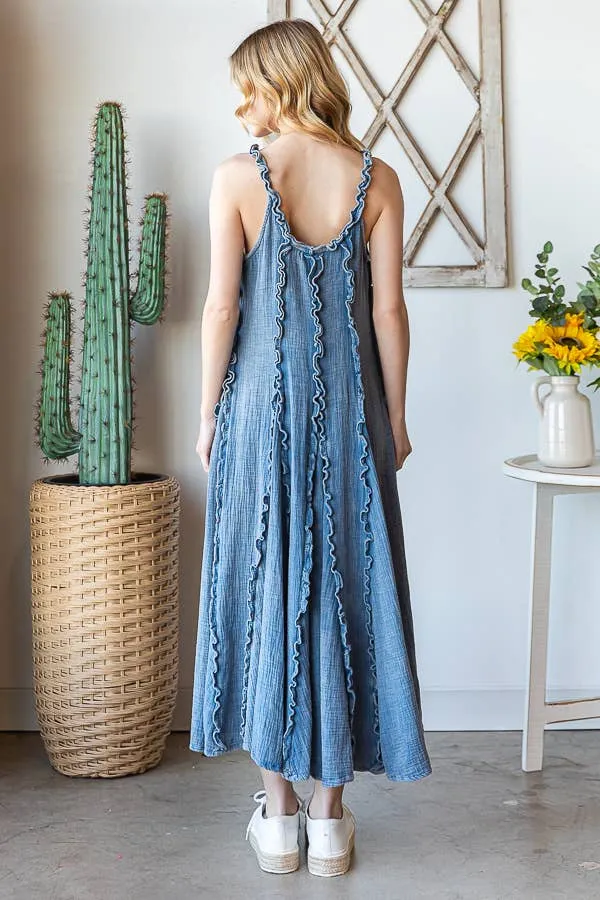 OLI & HALI WASHED RUFFLE SEAM DETAIL MAXI DRESS  BLUE