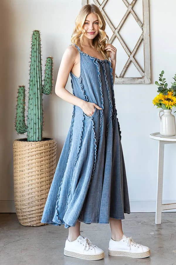 OLI & HALI WASHED RUFFLE SEAM DETAIL MAXI DRESS  BLUE