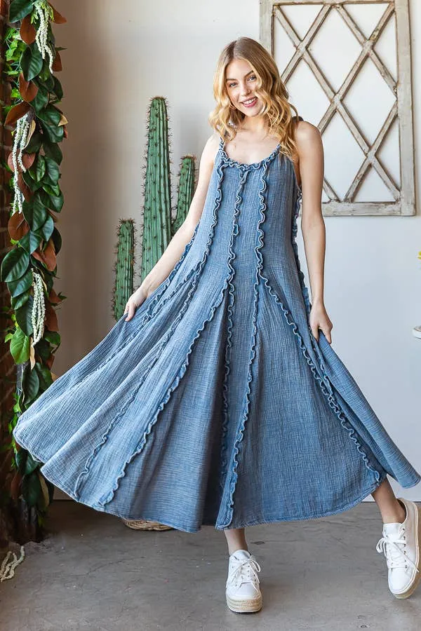 OLI & HALI WASHED RUFFLE SEAM DETAIL MAXI DRESS  BLUE