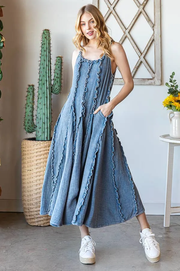 OLI & HALI WASHED RUFFLE SEAM DETAIL MAXI DRESS  BLUE