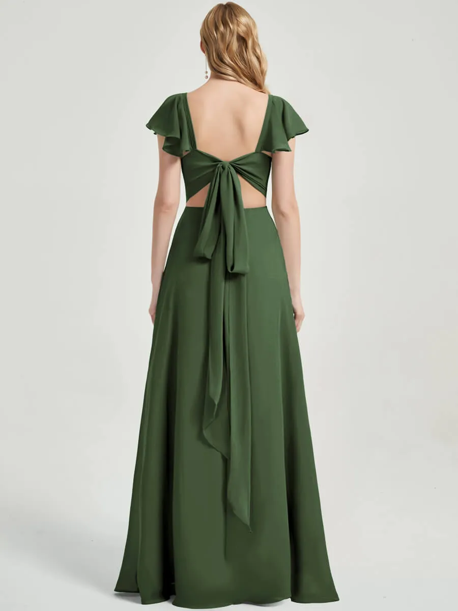 Olive Ruffle Cap Sleeve V-Neck Floor Length Bridesmaid Dress With Slit