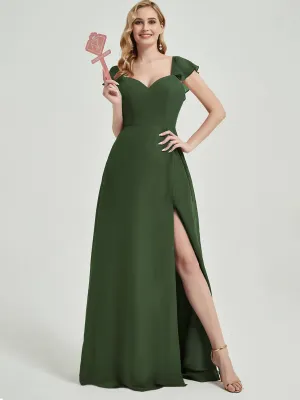 Olive Ruffle Cap Sleeve V-Neck Floor Length Bridesmaid Dress With Slit