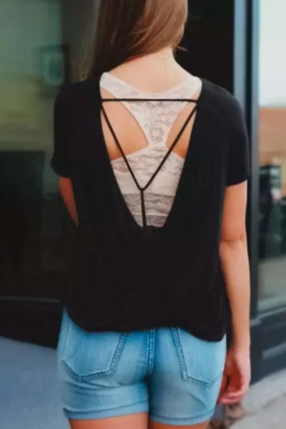 Open Back Short Sleeve  O Neck Blouse  Black