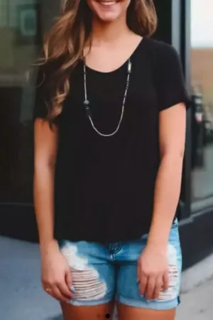 Open Back Short Sleeve  O Neck Blouse  Black