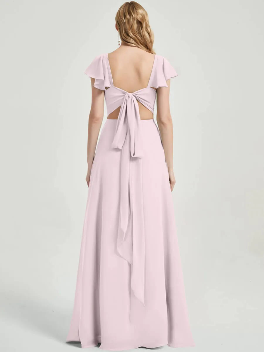 Pale Rose Ruffle Sleeve V-Neck Floor Length Bridesmaid Dress With Slit