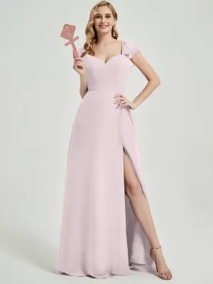 Pale Rose Ruffle Sleeve V-Neck Floor Length Bridesmaid Dress With Slit