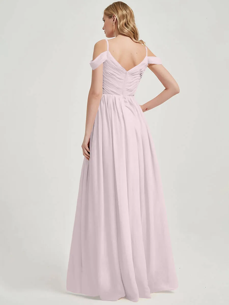 Pale Rose Spaghetti Straps Pleated Chiffon Floor Length Bridesmaid Dress