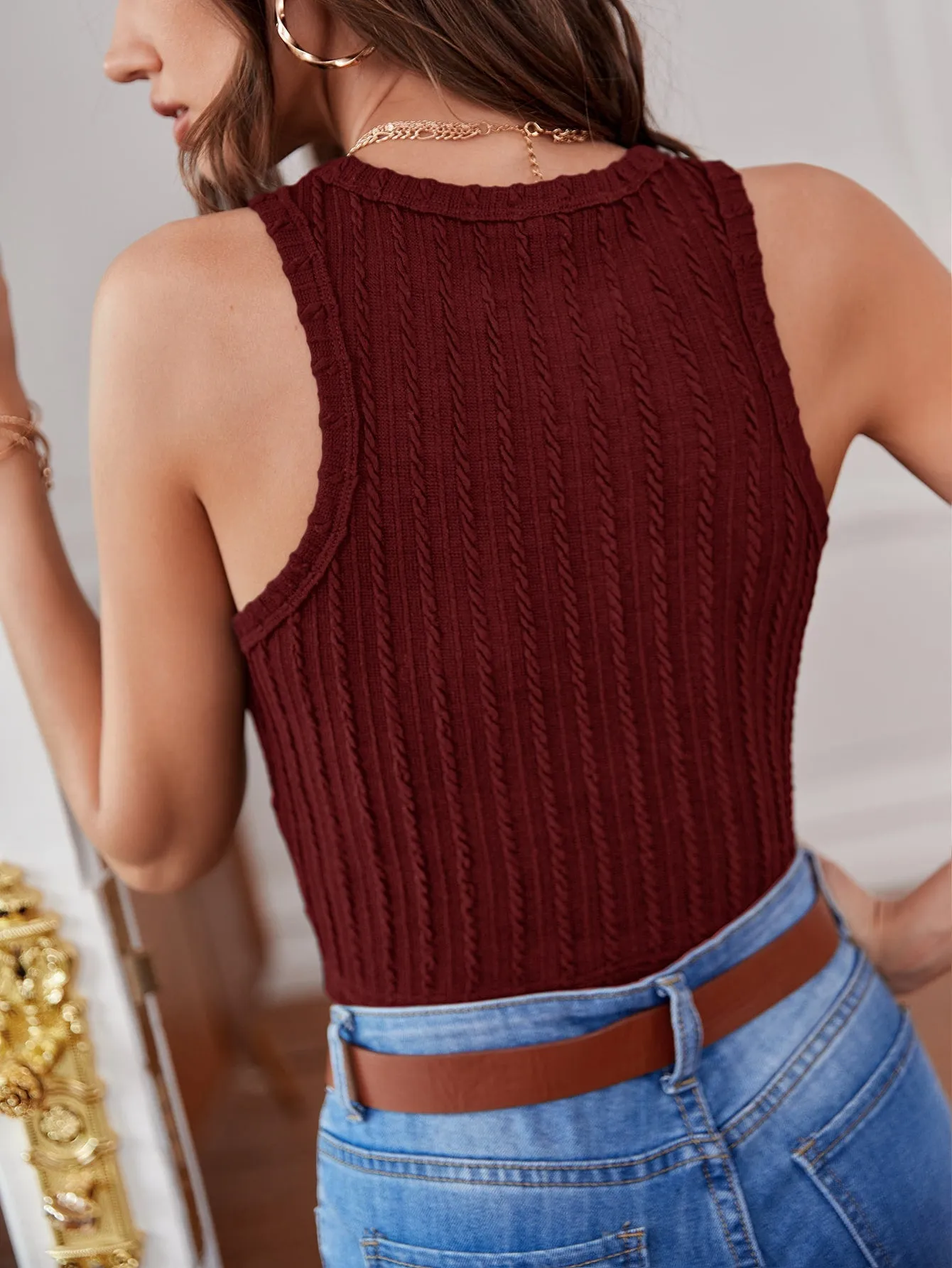 Parien Frenchy Solid Cable Knit Tank Top