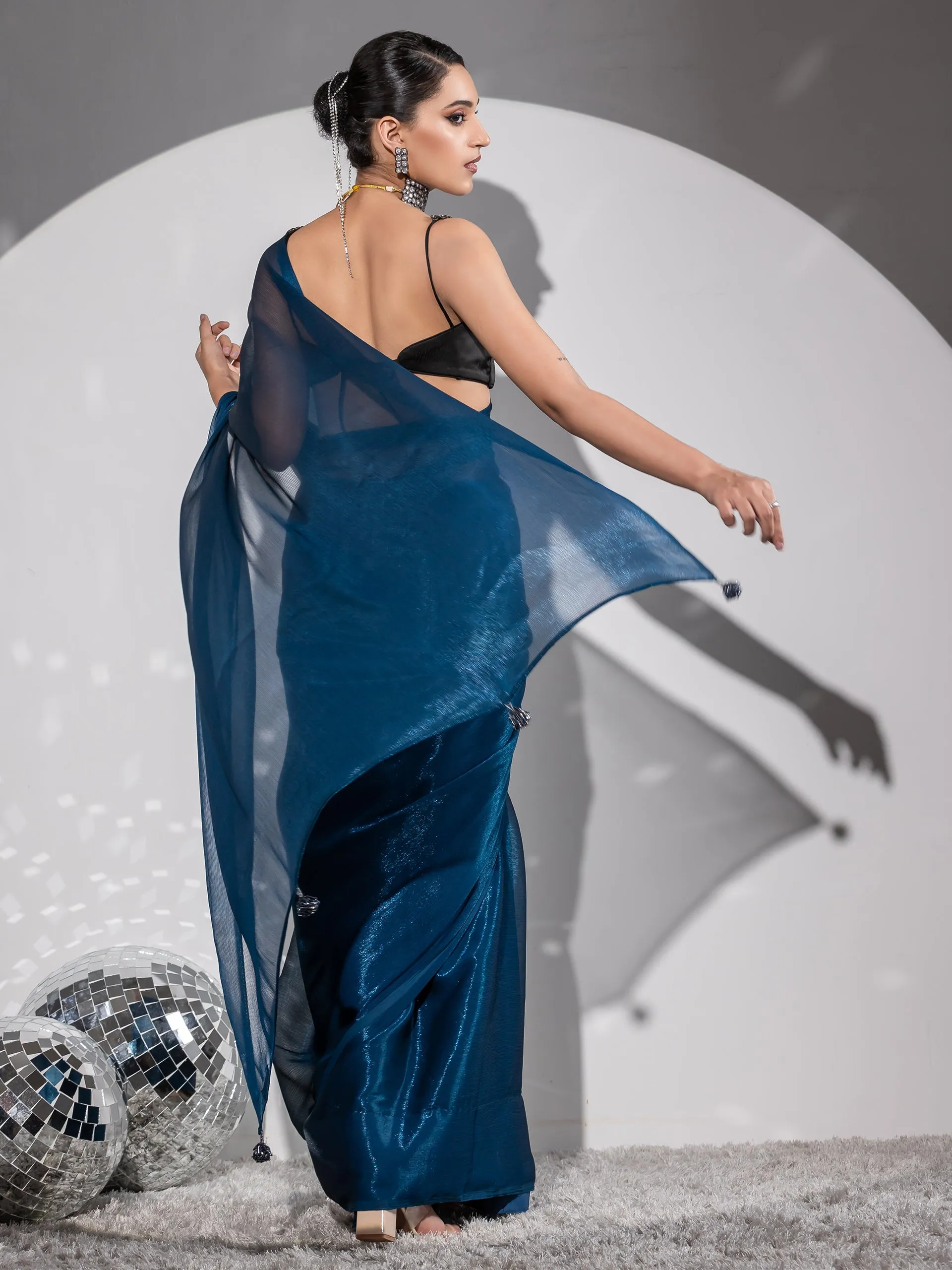 Peacock Shimmer Chiffon Saree With pendants and Blouse Fabric
