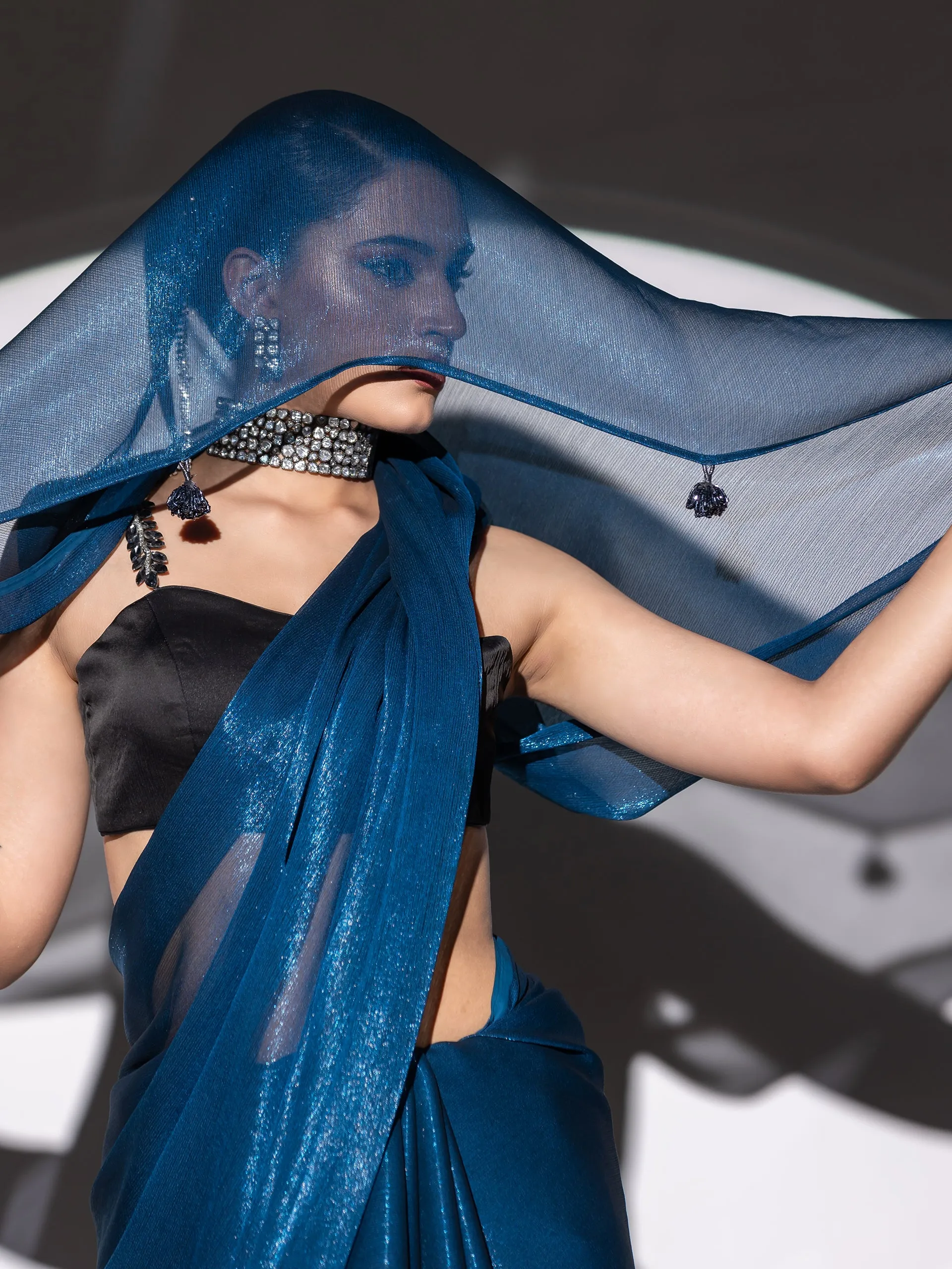 Peacock Shimmer Chiffon Saree With pendants and Blouse Fabric