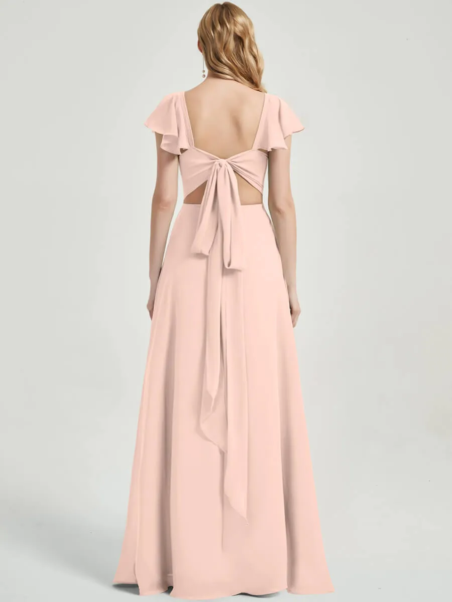 Pearl Pink Ruffle Sleeve V-Neck Floor Length Bridesmaid Dress With Slit