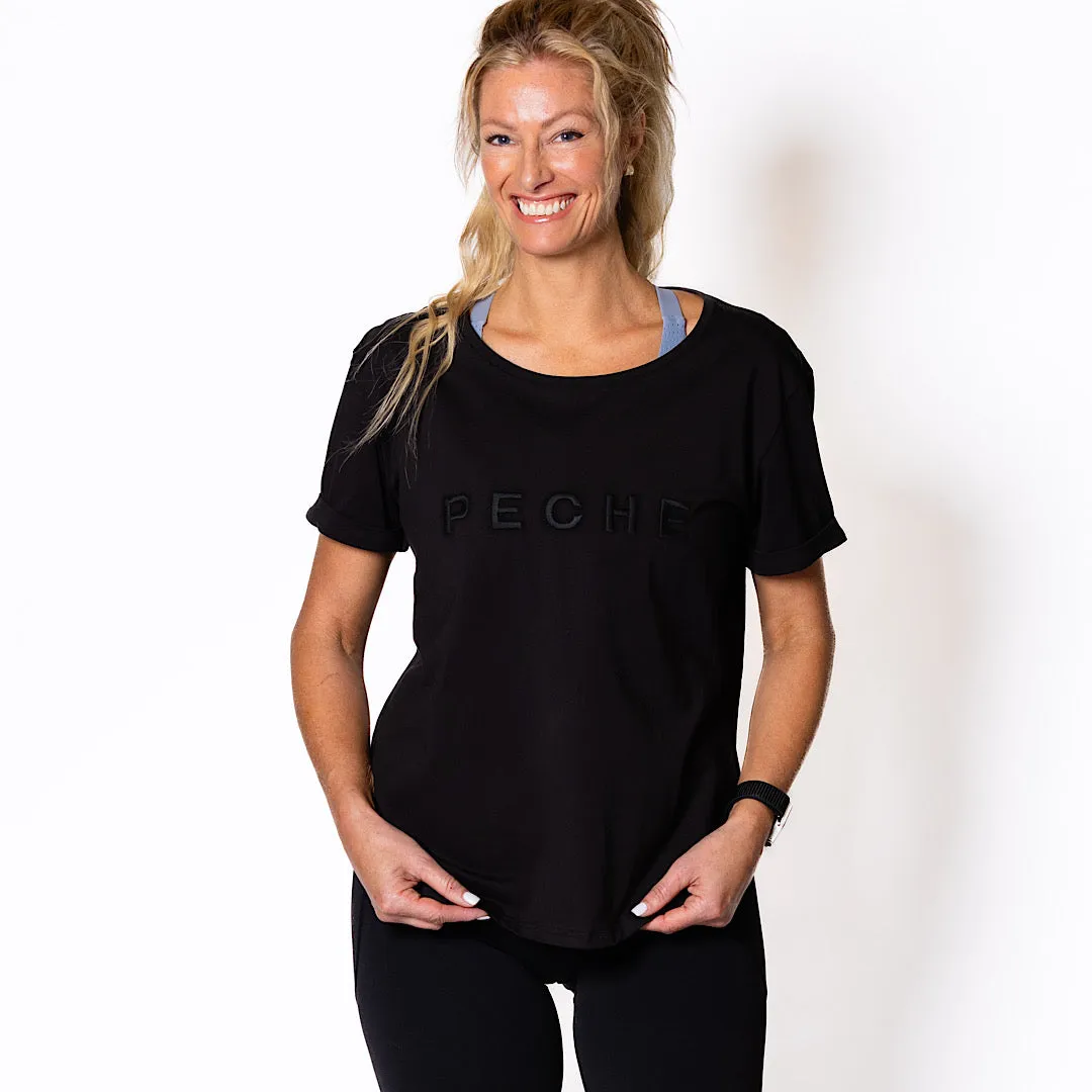 Perky Scoop Hem T-Shirt - Black with Black embroidery