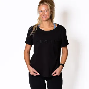 Perky Scoop Hem T-Shirt - Black with Black embroidery