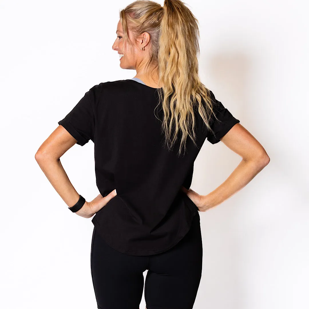 Perky Scoop Hem T-Shirt - Black with Black embroidery