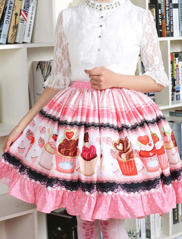 Pink Lolita Dress Sweet Cupcake Printed Lolita Skirt Ruffles Trim