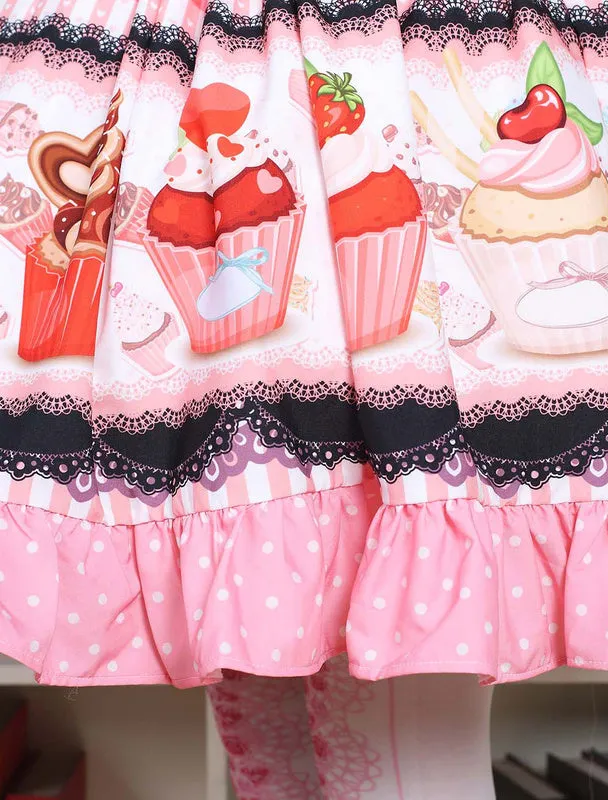 Pink Lolita Dress Sweet Cupcake Printed Lolita Skirt Ruffles Trim