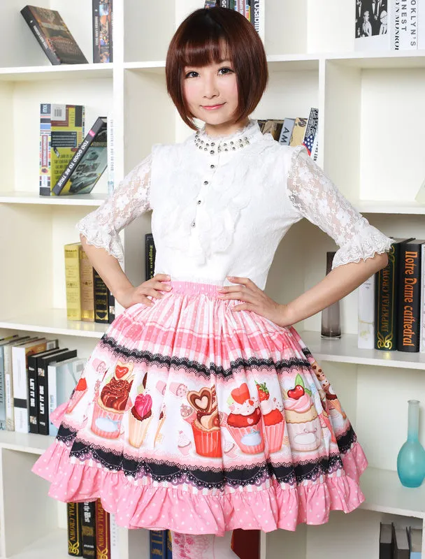 Pink Lolita Dress Sweet Cupcake Printed Lolita Skirt Ruffles Trim