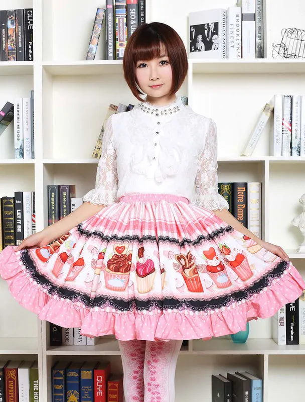 Pink Lolita Dress Sweet Cupcake Printed Lolita Skirt Ruffles Trim