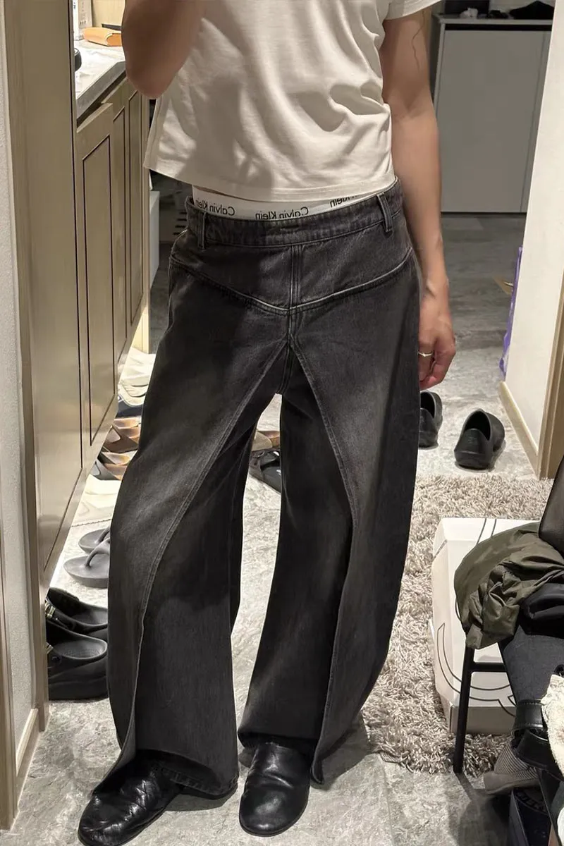 PK631 Vintage Wash Reversible Denim Wide-Leg Pants